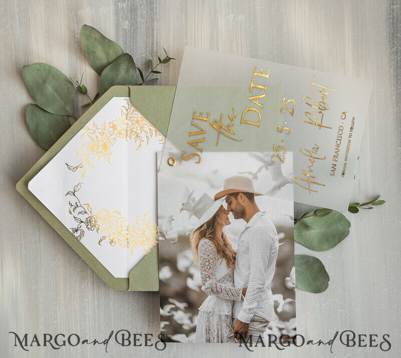 sage green Gold eucalyptus Save the Date Cards with Photo, Vellum Save Our Dates with Photo Gold Foil Calendar Cards-8