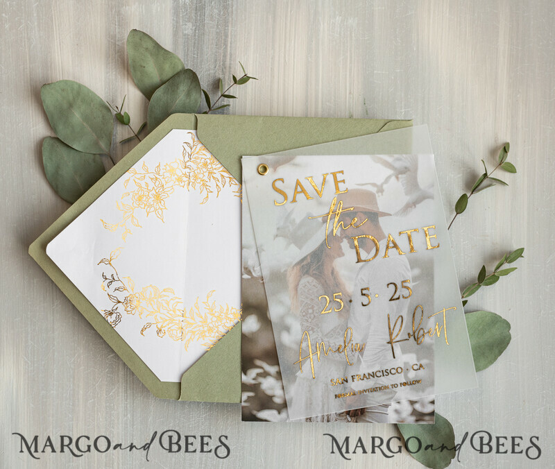 sage green Gold eucalyptus Save the Date Cards with Photo, Vellum Save Our Dates with Photo Gold Foil Calendar Cards-0