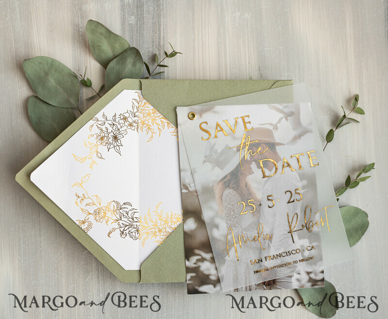 sage green Gold eucalyptus Save the Date Cards with Photo, Vellum Save Our Dates with Photo Gold Foil Calendar Cards-9