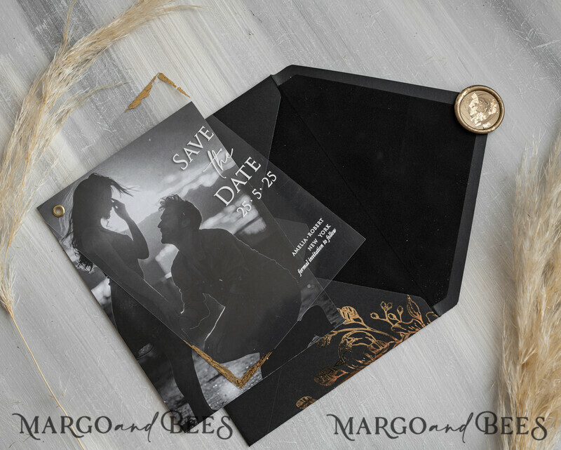 Black Gold Velvet Save the Date Cards with Photo, Plexi Clear Save Our Dates with Photo-1