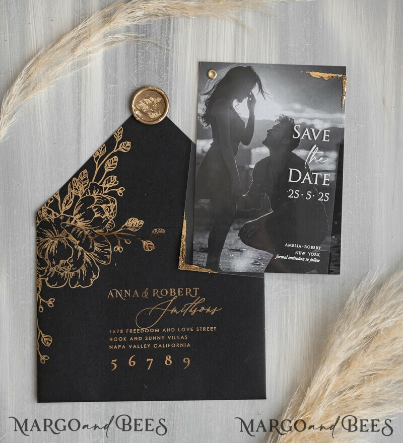 Black Gold Velvet Save the Date Cards with Photo, Plexi Clear Save Our Dates with Photo-0