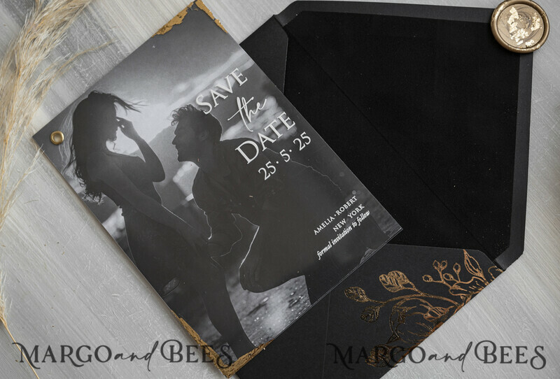 Black Gold Velvet Save the Date Cards with Photo, Plexi Clear Save Our Dates with Photo-3