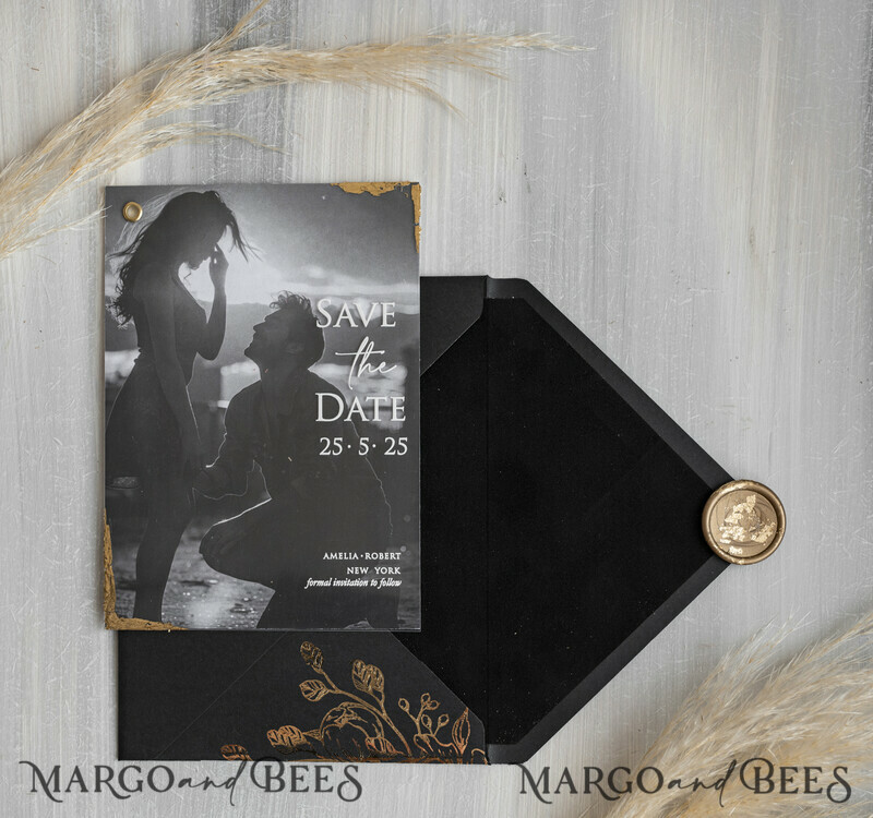 Black Gold Velvet Save the Date Cards with Photo, Plexi Clear Save Our Dates with Photo-6