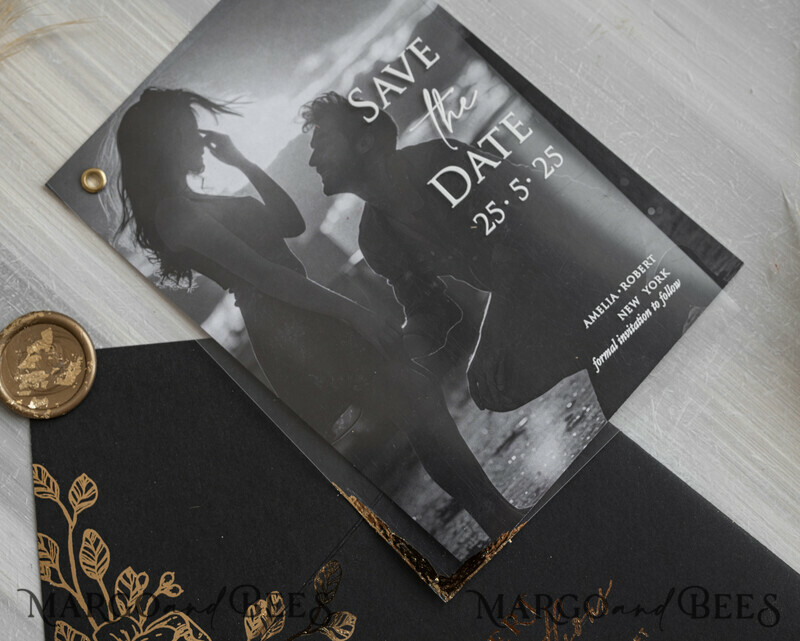 Black Gold Velvet Save the Date Cards with Photo, Plexi Clear Save Our Dates with Photo-8