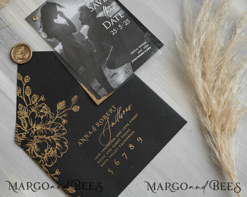 Black Gold Velvet Save the Date Cards with Photo, Plexi Clear Save Our Dates with Photo-9