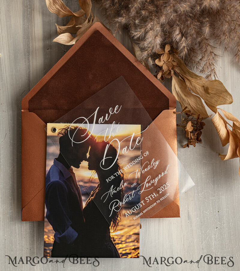 Terracotta Velvet Save the Date Cards with Photo, Plexi Clear Save Our Dates with Photo-1