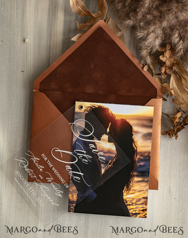 Terracotta Velvet Save the Date Cards with Photo, Plexi Clear Save Our Dates with Photo-2