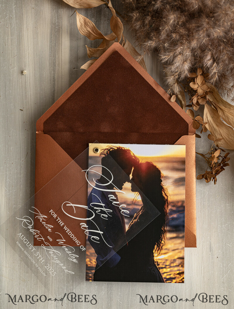 Terracotta Velvet Save the Date Cards with Photo, Plexi Clear Save Our Dates with Photo-3