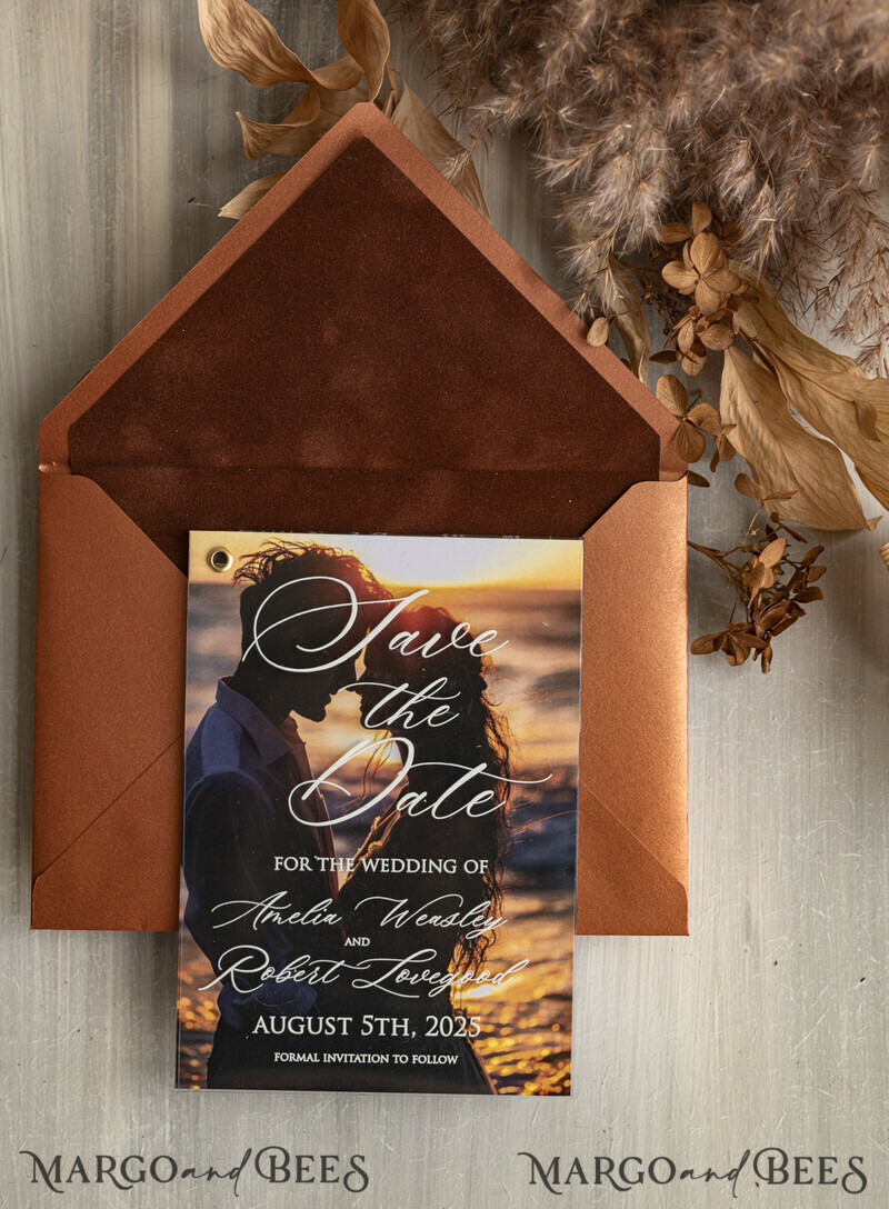 Terracotta Velvet Save the Date Cards with Photo, Plexi Clear Save Our Dates with Photo-5