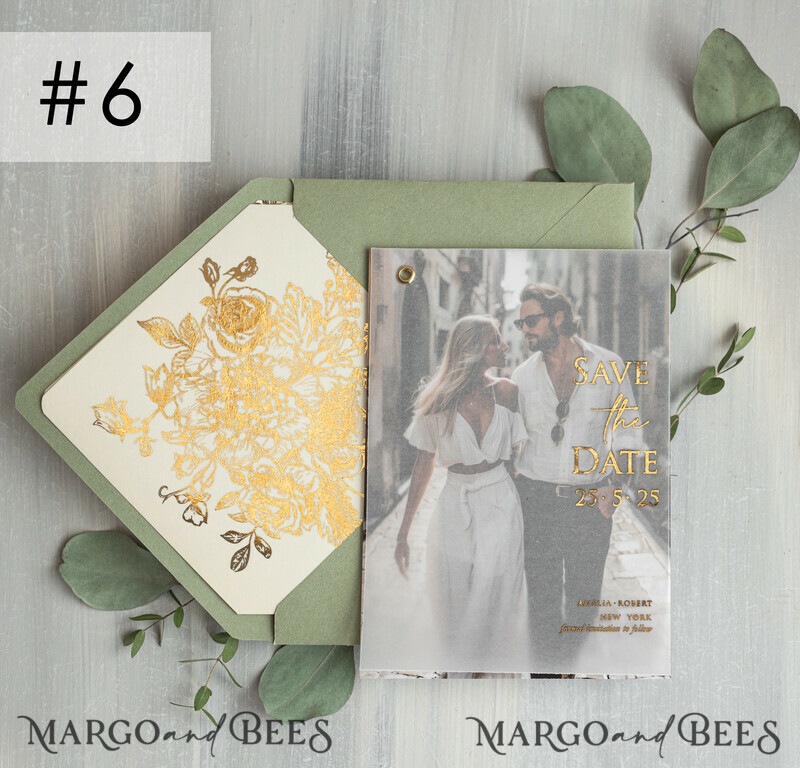 sage green Gold wild flowers Save the Date Cards with Photo, Vellum Save Our Dates with Photo Gold Foil Calendar Cards-1