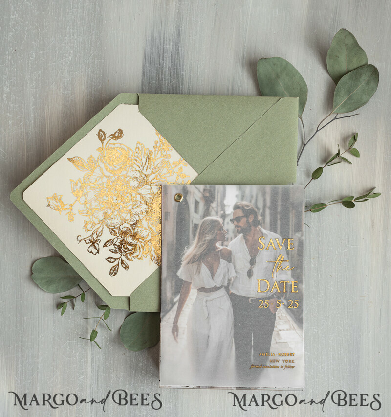 sage green Gold wild flowers Save the Date Cards with Photo, Vellum Save Our Dates with Photo Gold Foil Calendar Cards-9