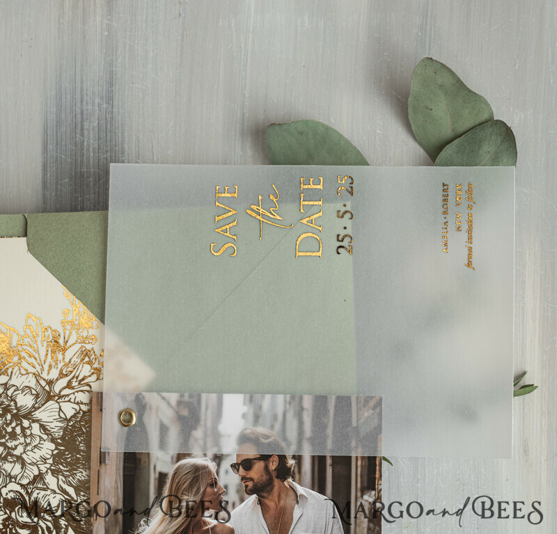 sage green Gold wild flowers Save the Date Cards with Photo, Vellum Save Our Dates with Photo Gold Foil Calendar Cards-2