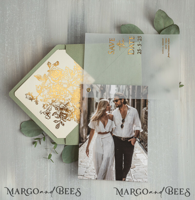 sage green Gold wild flowers Save the Date Cards with Photo, Vellum Save Our Dates with Photo Gold Foil Calendar Cards-3