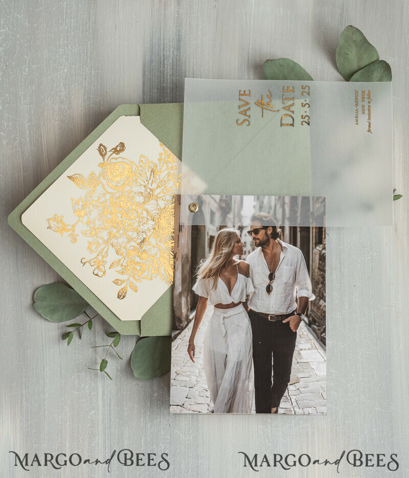 sage green Gold wild flowers Save the Date Cards with Photo, Vellum Save Our Dates with Photo Gold Foil Calendar Cards-4