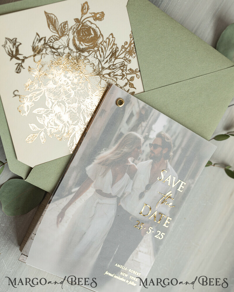 sage green Gold wild flowers Save the Date Cards with Photo, Vellum Save Our Dates with Photo Gold Foil Calendar Cards-5