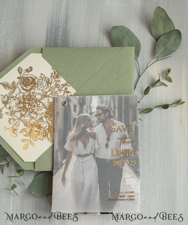 sage green Gold wild flowers Save the Date Cards with Photo, Vellum Save Our Dates with Photo Gold Foil Calendar Cards-6