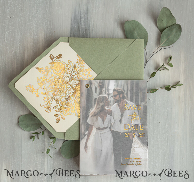 sage green Gold wild flowers Save the Date Cards with Photo, Vellum Save Our Dates with Photo Gold Foil Calendar Cards-7