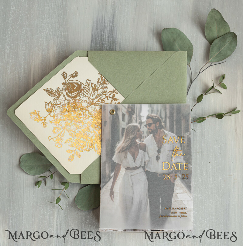 sage green Gold wild flowers Save the Date Cards with Photo, Vellum Save Our Dates with Photo Gold Foil Calendar Cards-8