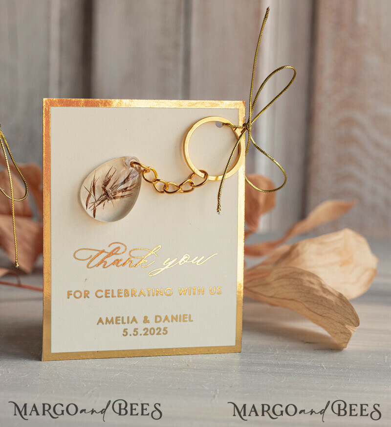 Wedding Favors For Guests in bulk Custom Resin Keychain, Golden personalised Thank you gifts Teardrop Keychain with Gold-Plated Stainless Steel Hardware-0