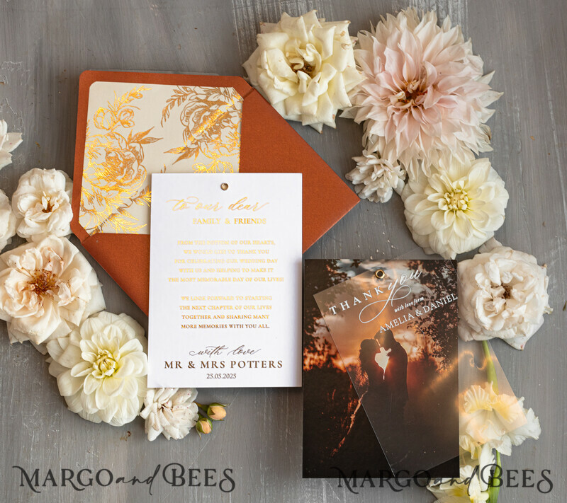 Terracotta Plexi Wedding Photo Thank You Cards, Golden Thank You Cards with photo-2