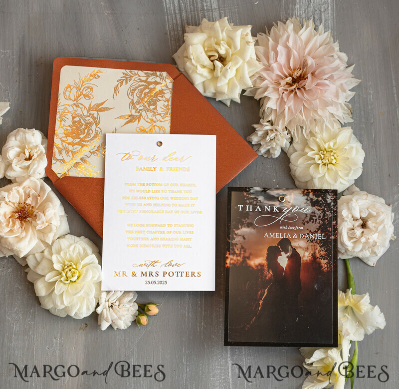 Terracotta Plexi Wedding Photo Thank You Cards, Golden Thank You Cards with photo-3