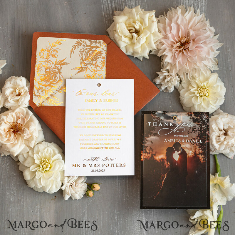 Terracotta Plexi Wedding Photo Thank You Cards, Golden Thank You Cards with photo-4