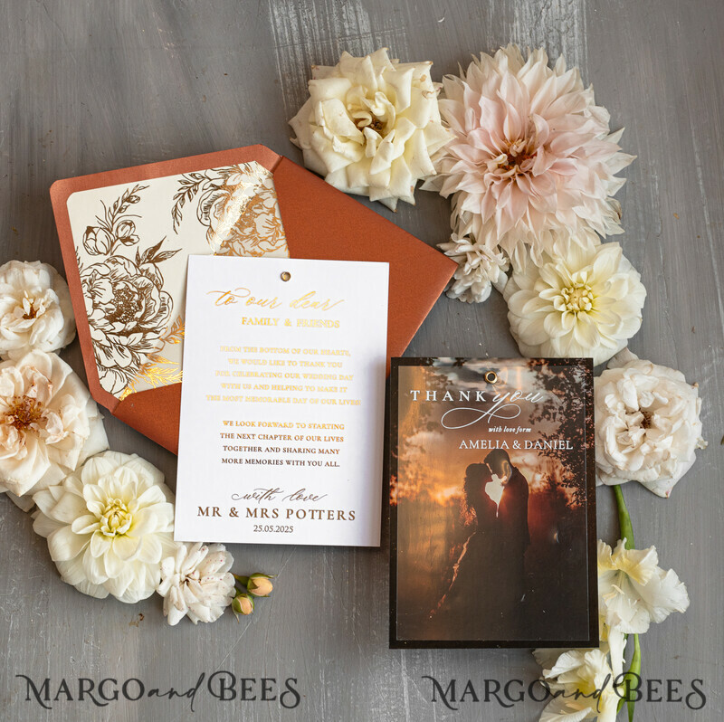 Terracotta Plexi Wedding Photo Thank You Cards, Golden Thank You Cards with photo-5