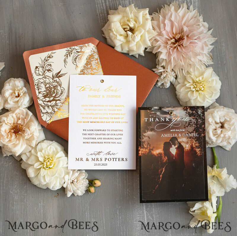 Terracotta Plexi Wedding Photo Thank You Cards, Golden Thank You Cards with photo-6