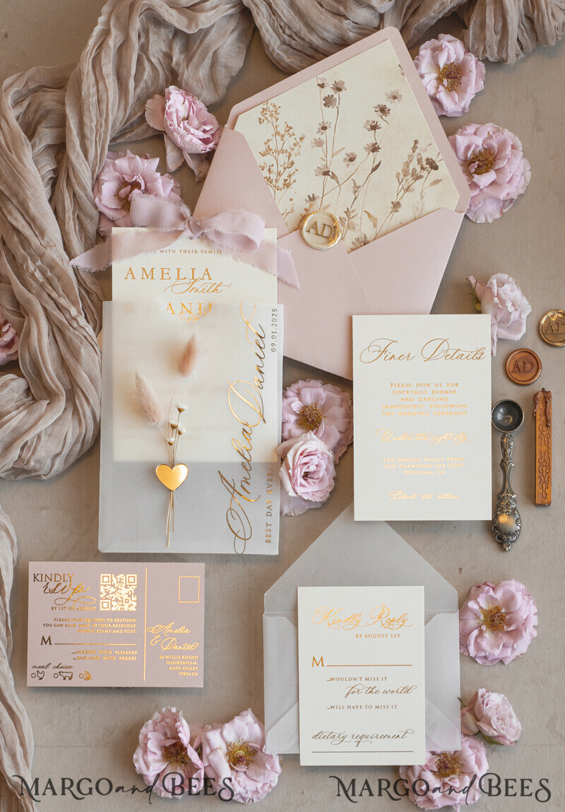 Whimsical Blush Gold Wedding Invitation with vellum etui natural dierd flowers pampass gras, Garden Elegant Floral Wedding Invitation with mirror gold heart-1