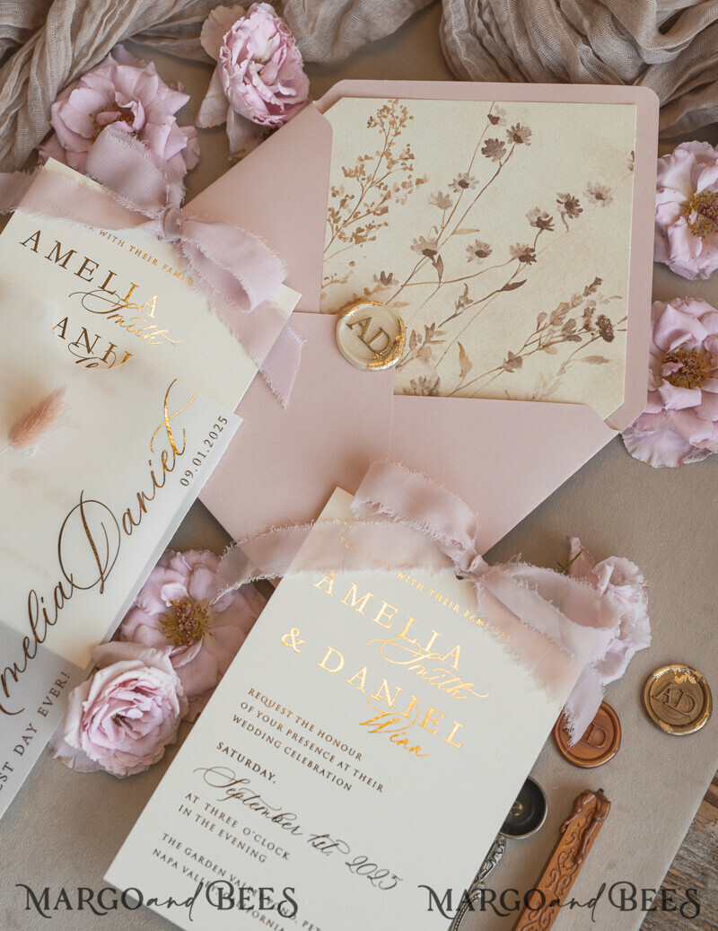 Whimsical Blush Gold Wedding Invitation with vellum etui natural dierd flowers pampass gras, Garden Elegant Floral Wedding Invitation with mirror gold heart-10