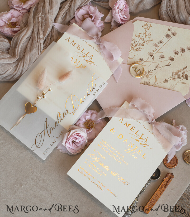 Whimsical Blush Gold Wedding Invitation with vellum etui natural dierd flowers pampass gras, Garden Elegant Floral Wedding Invitation with mirror gold heart-11