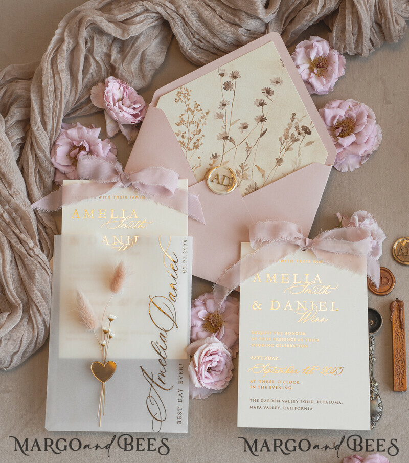 Whimsical Blush Gold Wedding Invitation with vellum etui natural dierd flowers pampass gras, Garden Elegant Floral Wedding Invitation with mirror gold heart-13