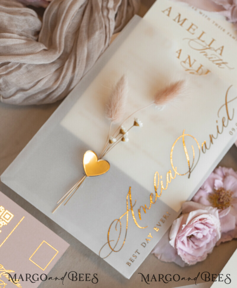 Whimsical Blush Gold Wedding Invitation with vellum etui natural dierd flowers pampass gras, Garden Elegant Floral Wedding Invitation with mirror gold heart-14