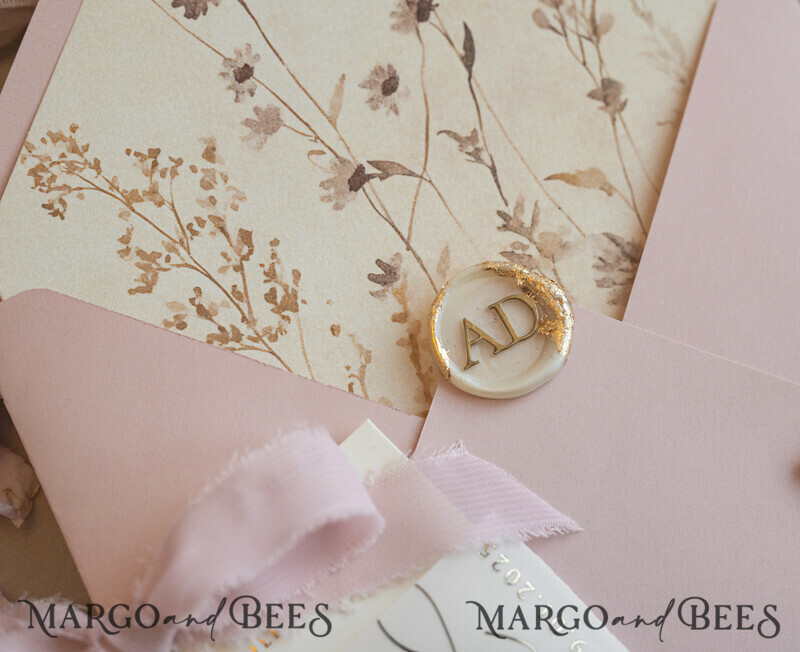 Whimsical Blush Gold Wedding Invitation with vellum etui natural dierd flowers pampass gras, Garden Elegant Floral Wedding Invitation with mirror gold heart-16