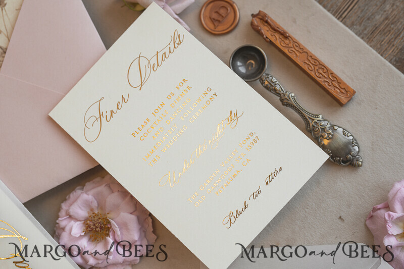 Whimsical Blush Gold Wedding Invitation with vellum etui natural dierd flowers pampass gras, Garden Elegant Floral Wedding Invitation with mirror gold heart-17