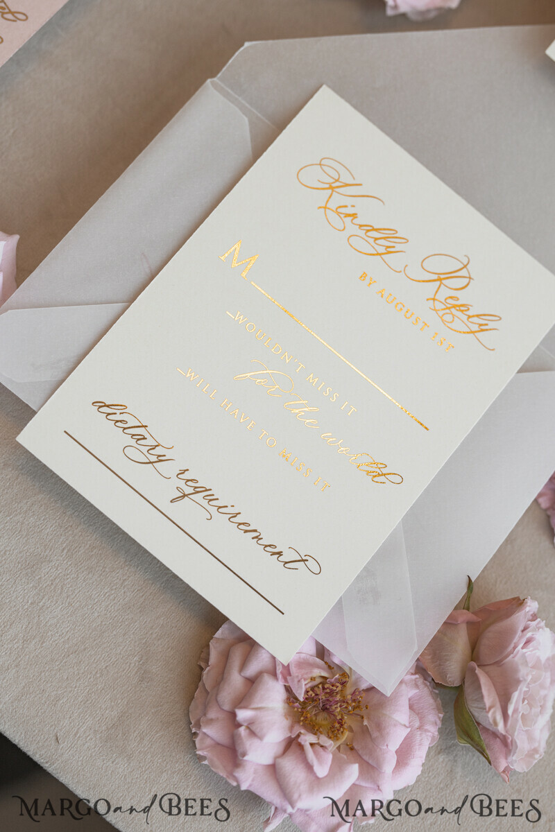 Whimsical Blush Gold Wedding Invitation with vellum etui natural dierd flowers pampass gras, Garden Elegant Floral Wedding Invitation with mirror gold heart-18