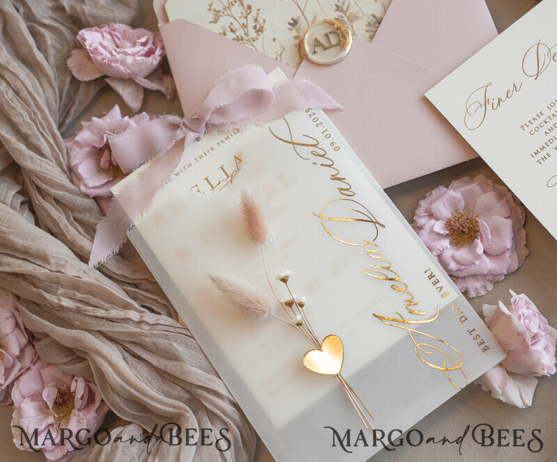 Whimsical Blush Gold Wedding Invitation with vellum etui natural dierd flowers pampass gras, Garden Elegant Floral Wedding Invitation with mirror gold heart-19