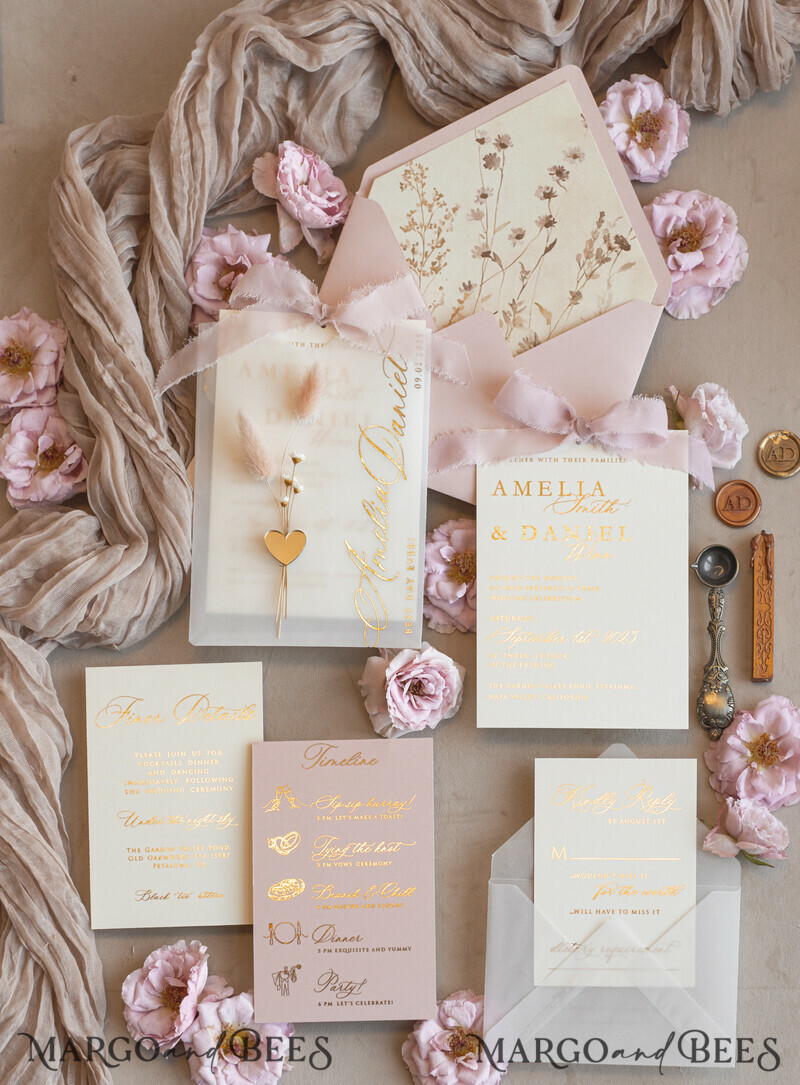 Whimsical Blush Gold Wedding Invitation with vellum etui natural dierd flowers pampass gras, Garden Elegant Floral Wedding Invitation with mirror gold heart-2