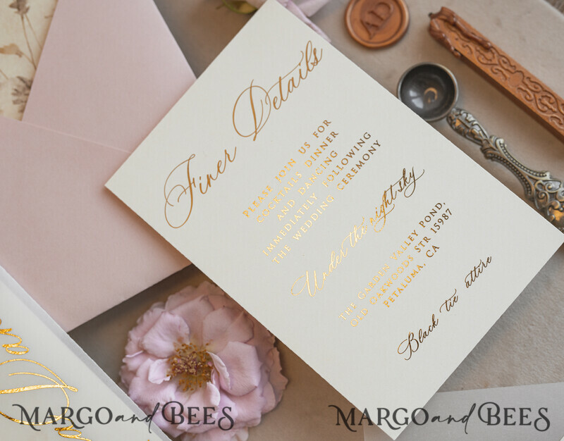 Whimsical Blush Gold Wedding Invitation with vellum etui natural dierd flowers pampass gras, Garden Elegant Floral Wedding Invitation with mirror gold heart-21