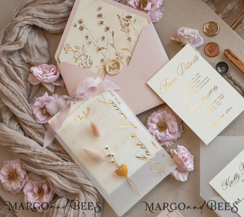 Whimsical Blush Gold Wedding Invitation with vellum etui natural dierd flowers pampass gras, Garden Elegant Floral Wedding Invitation with mirror gold heart-23