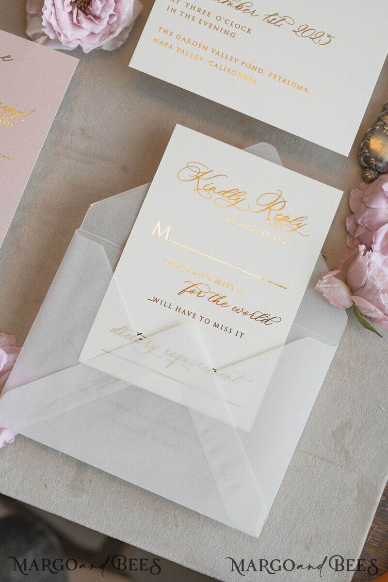 Whimsical Blush Gold Wedding Invitation with vellum etui natural dierd flowers pampass gras, Garden Elegant Floral Wedding Invitation with mirror gold heart-26