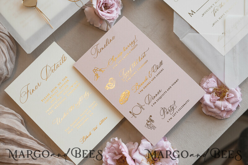 Whimsical Blush Gold Wedding Invitation with vellum etui natural dierd flowers pampass gras, Garden Elegant Floral Wedding Invitation with mirror gold heart-28