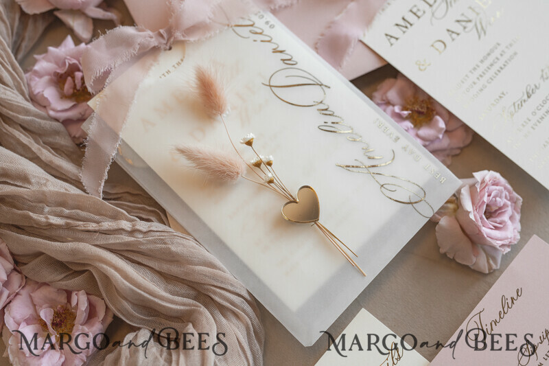 Whimsical Blush Gold Wedding Invitation with vellum etui natural dierd flowers pampass gras, Garden Elegant Floral Wedding Invitation with mirror gold heart-30