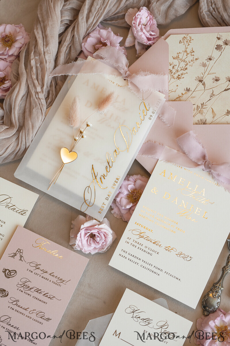 Whimsical Blush Gold Wedding Invitation with vellum etui natural dierd flowers pampass gras, Garden Elegant Floral Wedding Invitation with mirror gold heart-31