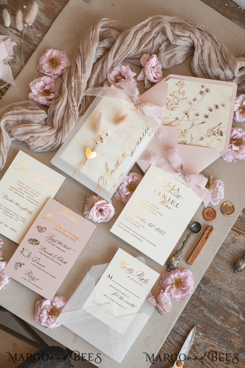 Whimsical Blush Gold Wedding Invitation with vellum etui natural dierd flowers pampass gras, Garden Elegant Floral Wedding Invitation with mirror gold heart-32