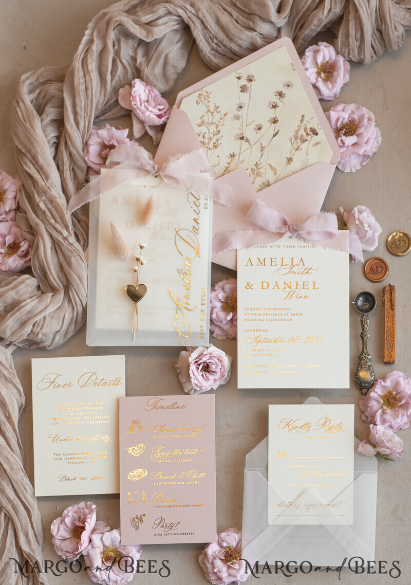 Whimsical Blush Gold Wedding Invitation with vellum etui natural dierd flowers pampass gras, Garden Elegant Floral Wedding Invitation with mirror gold heart-33