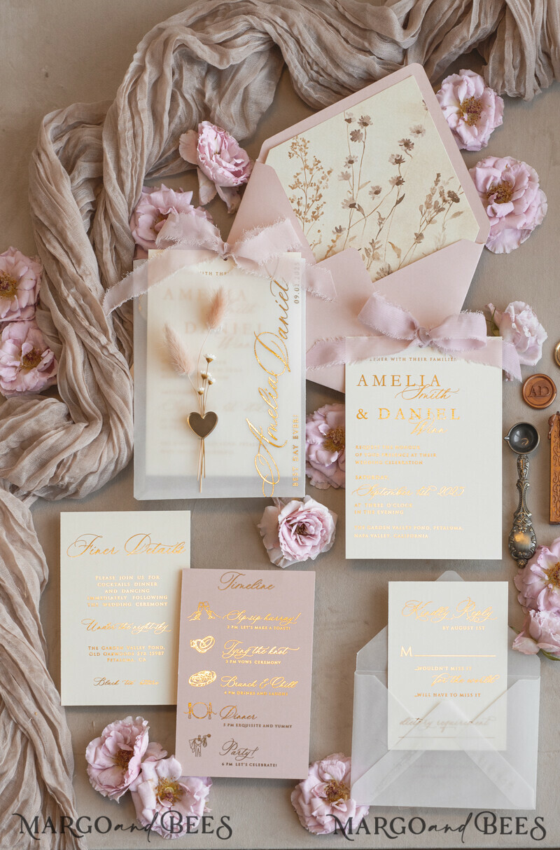 Whimsical Blush Gold Wedding Invitation with vellum etui natural dierd flowers pampass gras, Garden Elegant Floral Wedding Invitation with mirror gold heart-34