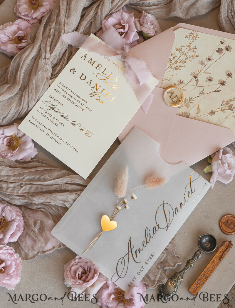 Whimsical Blush Gold Wedding Invitation with vellum etui natural dierd flowers pampass gras, Garden Elegant Floral Wedding Invitation with mirror gold heart-5