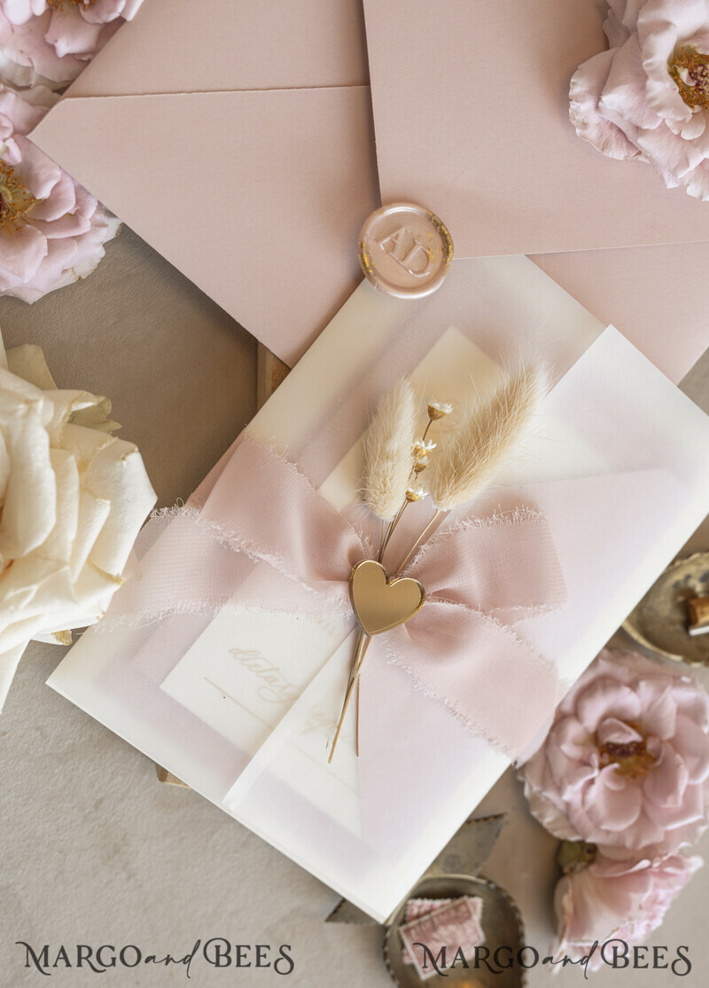 Whimsical Blush Gold Wedding Invitation with vellum jacket chiffon bow nad natural dierd flowers,  Elegant Floral Wedding Invitation with mirror gold heart-1