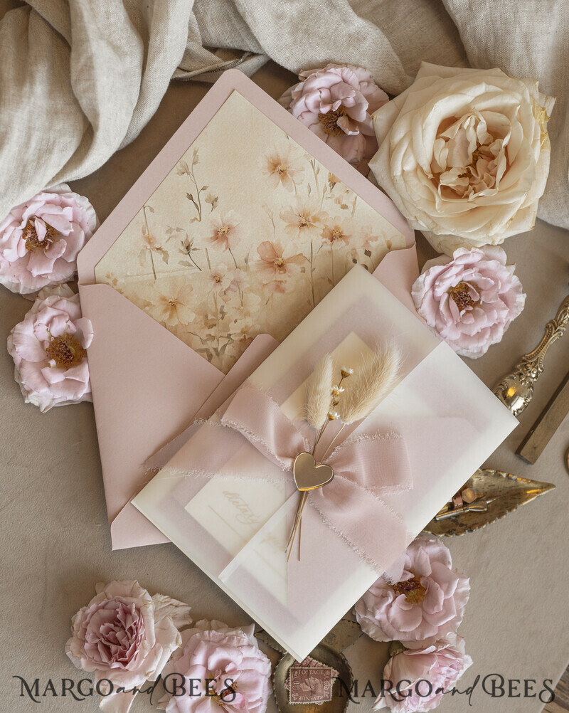 Whimsical Blush Gold Wedding Invitation with vellum jacket chiffon bow nad natural dierd flowers,  Elegant Floral Wedding Invitation with mirror gold heart-10